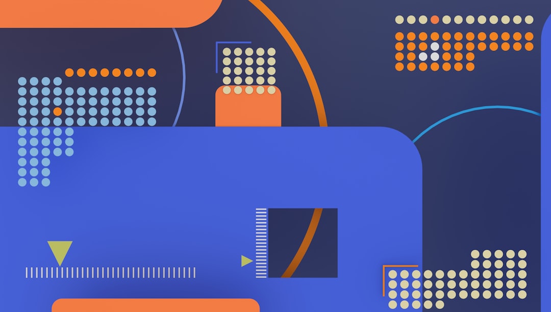 origination moment — Abstract blue and orange geometric shapes with dots
